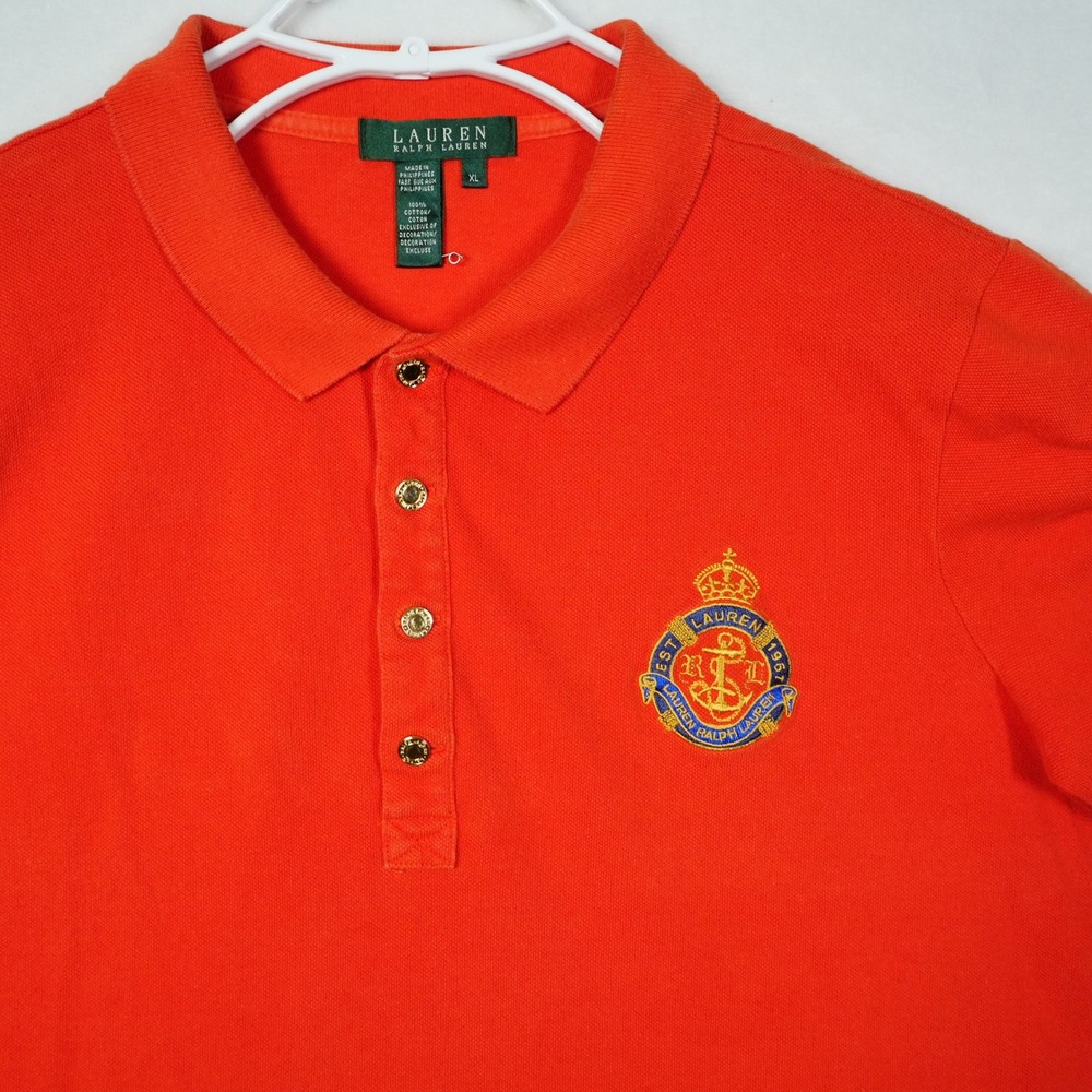 Lauren Ralph Lauren Womens XL Orange Crest Short Sleeve Polo Gold Button Shirt